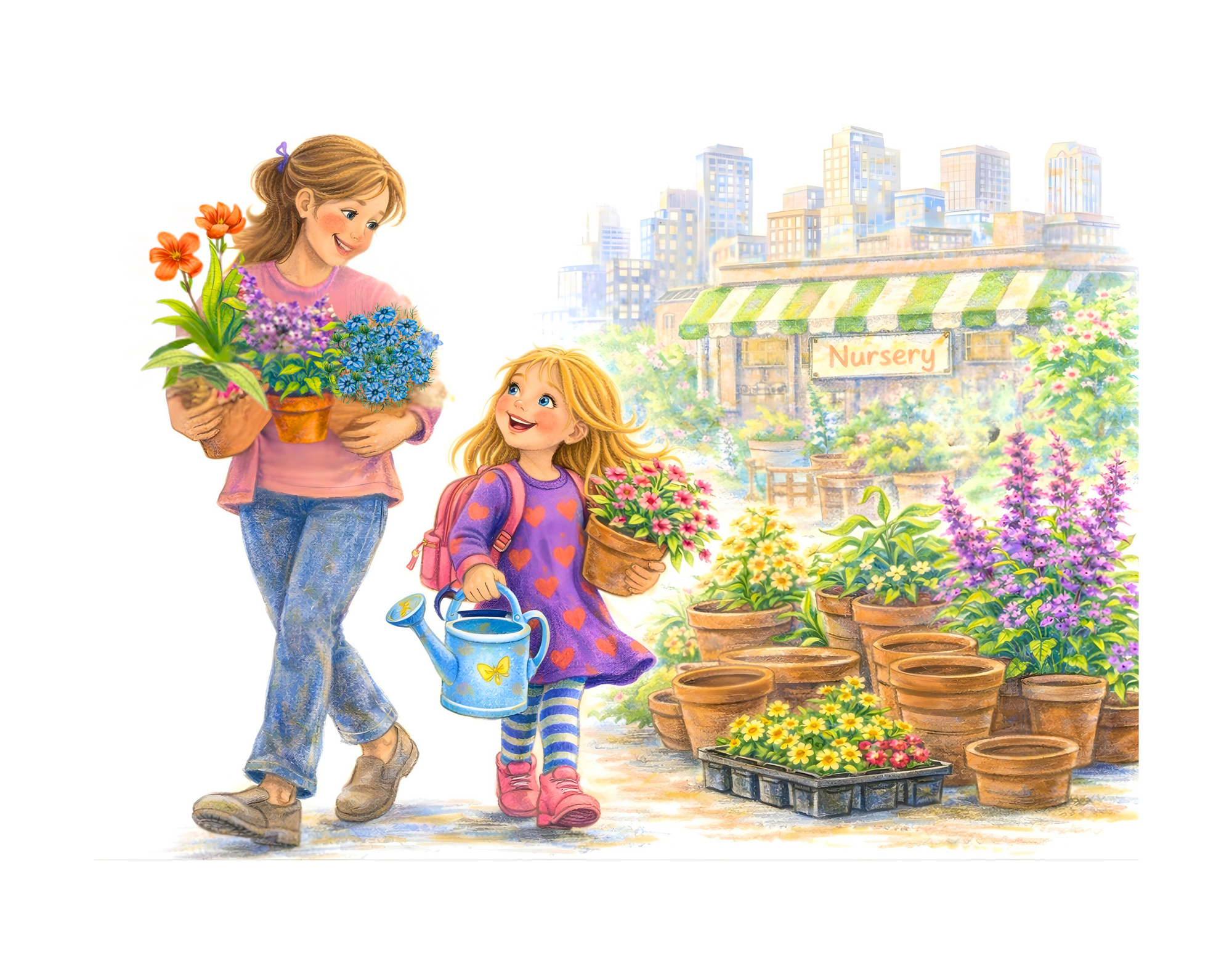 Amber and an adult choosing flowers at a nursery