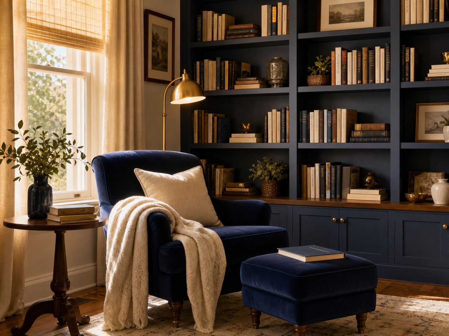 Cosy reading nook with bookshelves, an armchair, and warm natural light